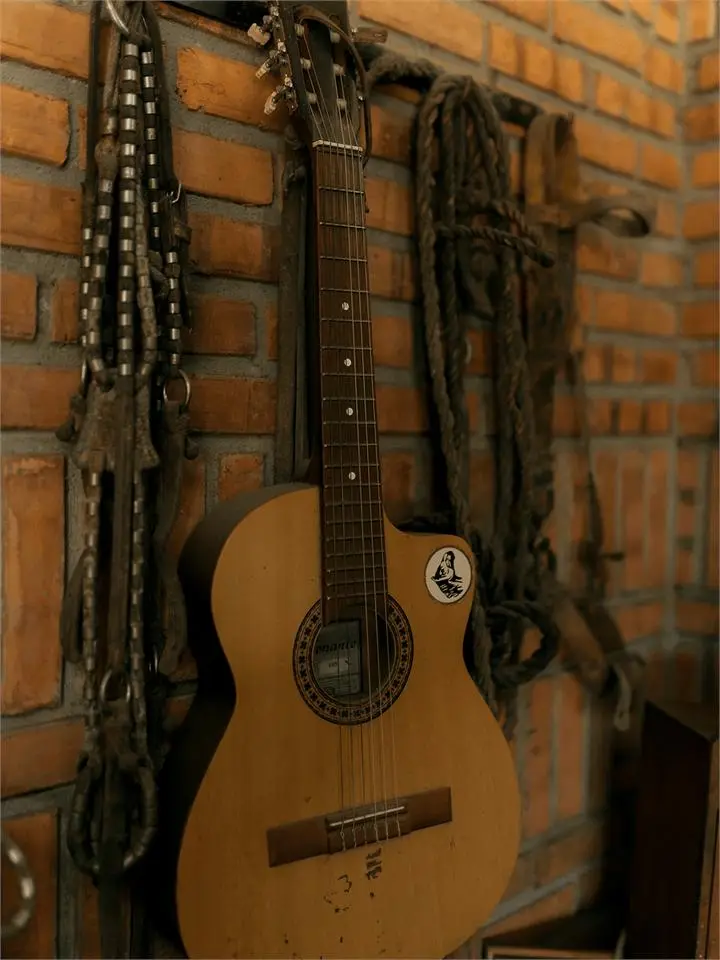 An acoustic guitar left unused against a rustic brick wall